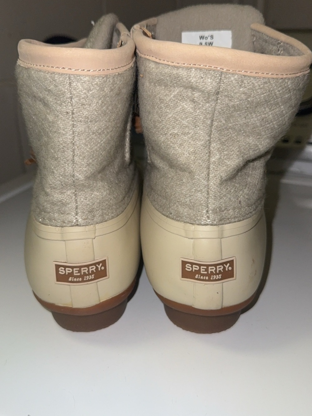 Sperry Beige Wool Cuff Duck Boots with Brown Laces - Picture 2 of 4